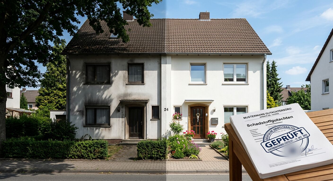 Vorher Nachher Ansicht eines sanierten Wohnhauses mit Schadstoffgutachten als Symbol für Schadstoffa